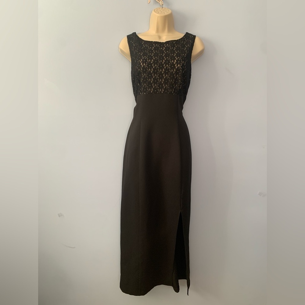 Vintage Y2K  Black daisy flower Lace sleeveless Evening Dress slit midi long 11